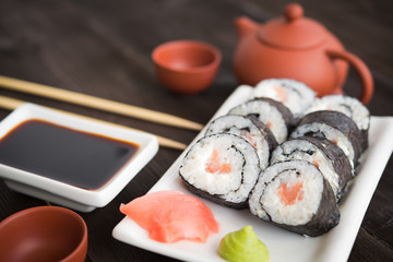 Sushi rolls with salmon