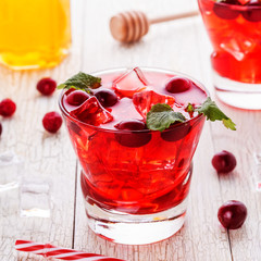 Cranberry cocktail with ice and mint.