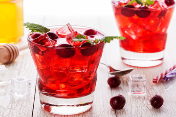 Cranberry cocktail with ice and mint.