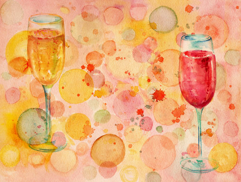 Watercolor banner with bubbles, two glasses of champagne, and colored bubbles