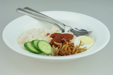 Nasi Lemak or Malay fragrant rice, cooked in coconut milk and pandan leaf