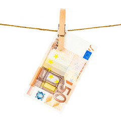 Euro notes on clothesline.  Money laundering euros