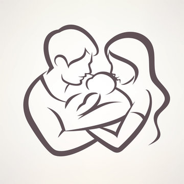 happy family stylized vector symbol, young parents and baby