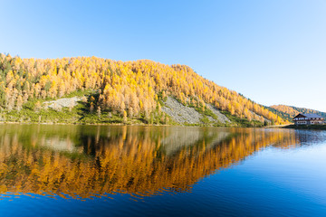 Reflections on water, autumn panorama from mountain lake