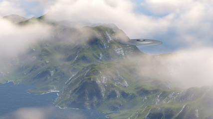 Fototapeta na wymiar UFO over the mountains in the clouds