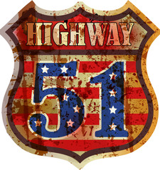highway 51 road sign, fictional design,grungy retro style