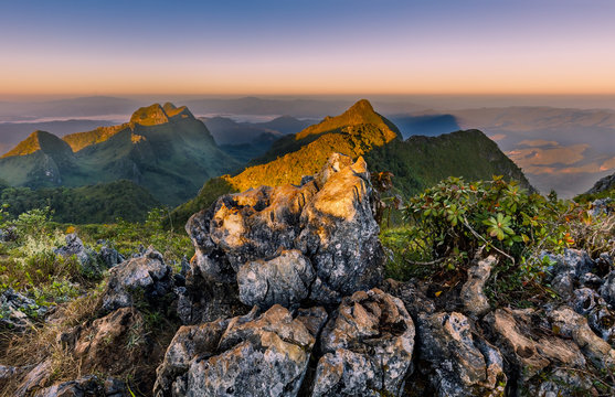 Beautiful sunrise on top mountain(Doi luang Chiangdao,Chiangmai,Thailand)