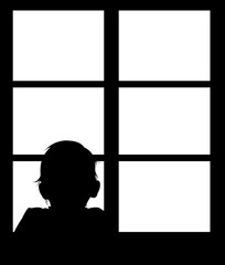 Silhouette of young baby looking out window. Easy editable layered vector illustration.