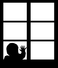 Silhouette of little baby waving hand on the window. Easy editable layered vector illustration.