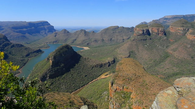 Republic of South Africa - Mpumalanga province. Blyde River Canyon (the largest green canyon in the world, fragment of the Panorama Route) and The Three Rondavels (three dolomite peaks on the right)