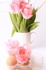 Spring Easter decoration tulips in eggs hells on a white backgro