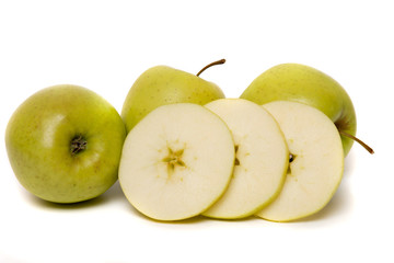 Tasty yellow apples fruits isolated on white background.