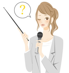 案内　説明する女性　ハテナ