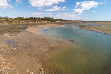 Wide view of the Ria Formosa marshlands located in the Algarve, Portugal.