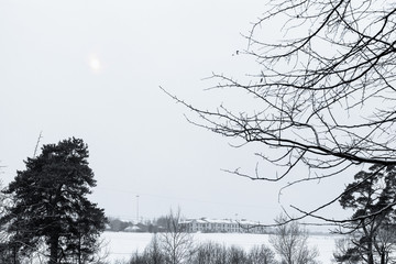 gray overcast sky over snow fields in winter