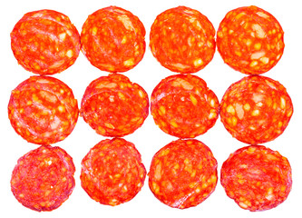 many slices of pepperoni salami isolated on white - obrazy, fototapety, plakaty