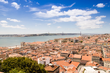 cityscape of lisbon, aerial view of lisbon and tejo river, with the cristo rei statue and the 25th  april's bridge in the background.