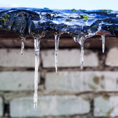 Naklejka na ściany i meble icicles on roof of shed with brick wall
