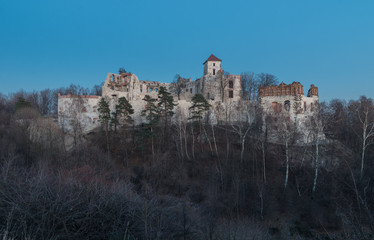 Ruins of medieval castle Teczyn in Rudno, Poland, in the evening