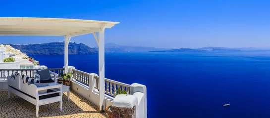 Foto op Plexiglas Donkerblauw Santorini, Griekenland - Oia dorp, typisch uitzicht