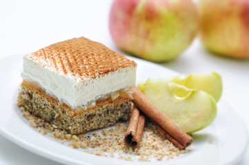 apple pie with cinnamon, poppy seeds on white plate, on-line shop photography, patisserie, sweet dessert