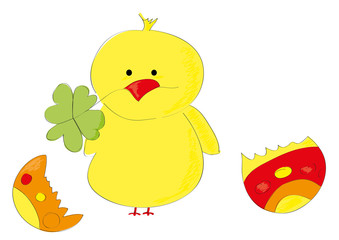  cute Easter chick with clover and eggshells on white background