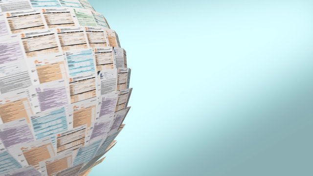 sphere made with italian tax forms that rotates on itself, empty space at the right, alpha mask