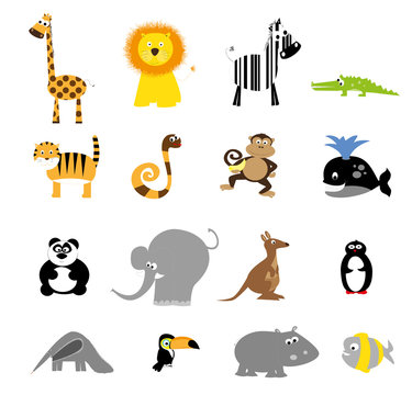 collection of cute wild cartoon animals / set of vector animals illustration for children