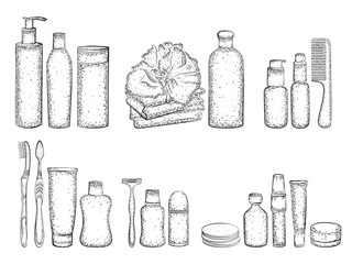 Hand drawn set of products for body care and hygiene. Detailed sketch of elements for bath or shower  isolated on white background.  Black and white pencil or ink drawing