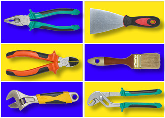 Set of construction tools in blue and yellow rectangles like mosaic.