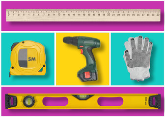 Set of construction tools in blue, yellow and purple rectangles like mosaic.