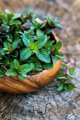 Mint  in small basket on natural wooden background, peppermint © jutaphoto