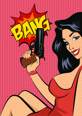Pop art style vector illustration.  Woman with gun.