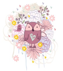 Stylish floral background with cartoon owl in light colors.