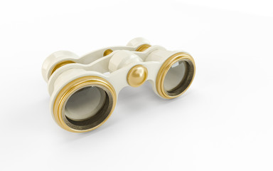 Elegant vintage small theater binocular, decorated with ivory imitation and golden details,...