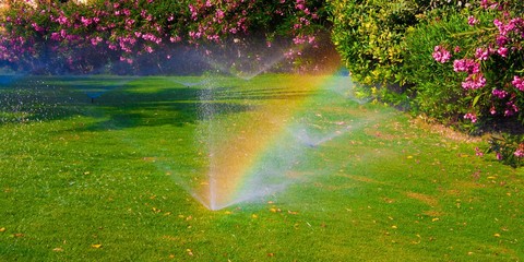 watering  sprinkler  lawn - obrazy, fototapety, plakaty