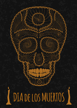 Dia de Muertos Tattoo Skull Day of The Dead Monochrome. Flyer Template. stone texture