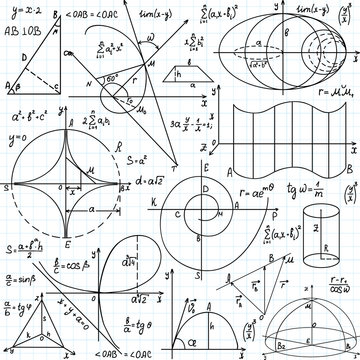 Beautiful vector seamless pattern with mathematical figures and plots, "handwritten on the copybook paper"