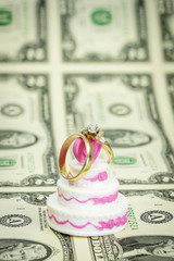 Wedding bands on money and a cake