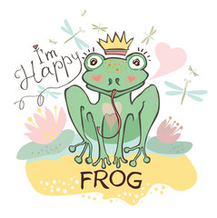 Funny frog. I'm happy!
Drawing illustration of frog wearing a crown.