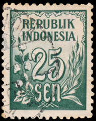 Stamp printed in Indonesia shows image of floral and leaf patter