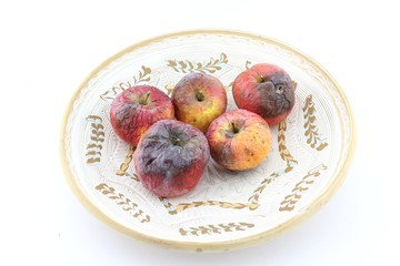 Rotten apple on decorative plate