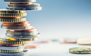 Euro coins. Euro money. Euro currency.Coins stacked on each other in different positions. Money...