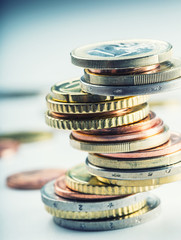 Euro coins. Euro money. Euro currency.Coins stacked on each other in different positions. Money concept.