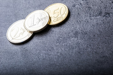 Euro coins. Euro money. Euro currency.Coins stacked on each other in different positions. Money concept.