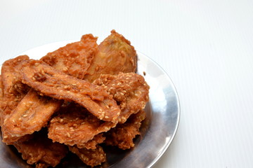 Close up fried bananas sprinkled sesame tasty traditional food 