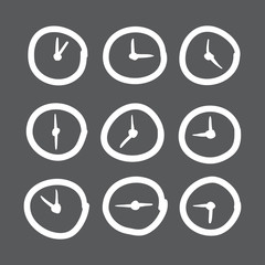 Hand drawn clock vector icons set illustration.
