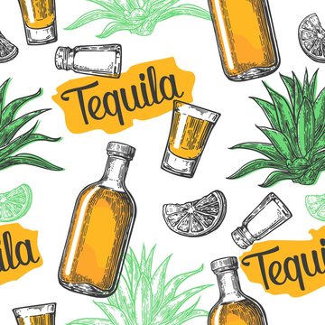 Seamless pattern of glass and botlle, glass, salt, cactus and lime on white background. Vintage vector engraving illustration for label, poster, web, invitation to a tequila party.