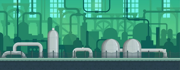 Seamless endless industrial postapocalyptic game environment illustration with pipes and machinery siloettes. Separated layers for game development.