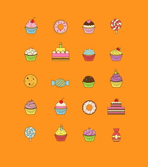 A set of yummy flat outlined icon vector illustrations of various kinds of sweets and desserts. It includes donuts, cupcakes, candies, birthday cakes.